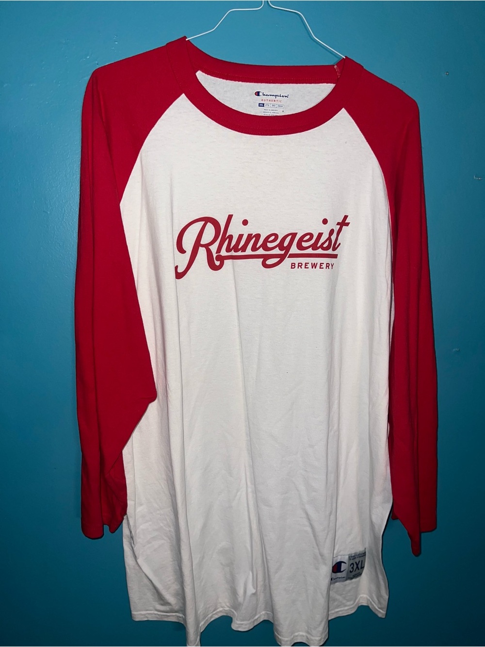 Champion White Tee with Red Raglan Collar and Sleeves